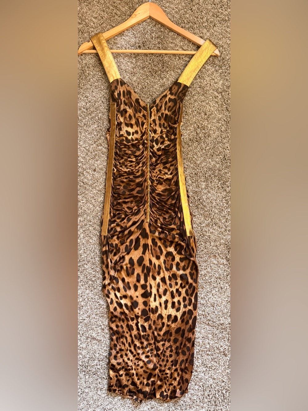 Vintage 2007 Dolce & Gabbana Gold Leather, Leopard-Print Midi Dress - Picture 2 of 10